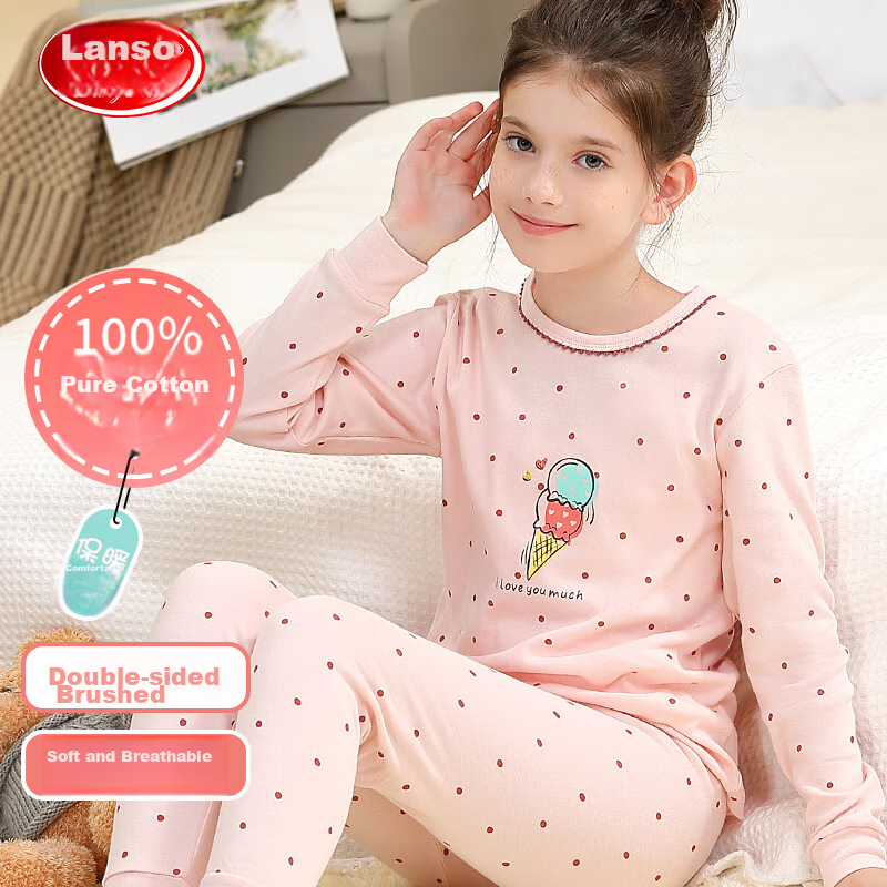 LangSha Children's Underwear, Girls' Autumn Top And Pants, Pure Cotton Antibacterial, Teenagers' Student Baby Autumn Winter Thermal Pajama Set