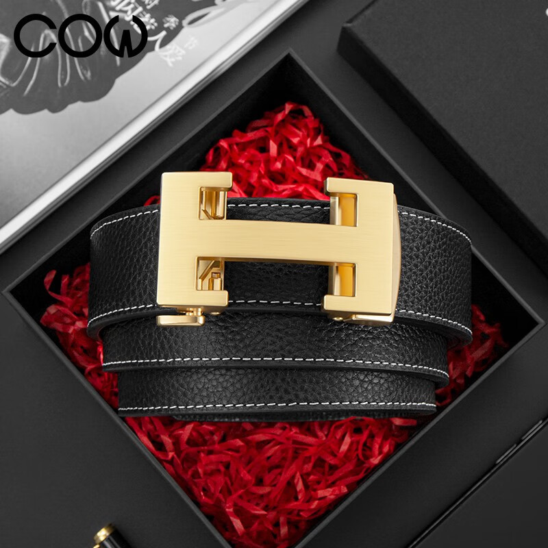 COW Men's Genuine Leather Business Casual Automatic Buckle Belt First Layer Cowhide Waistband Gift for Boyfriend Husband 909 Gold