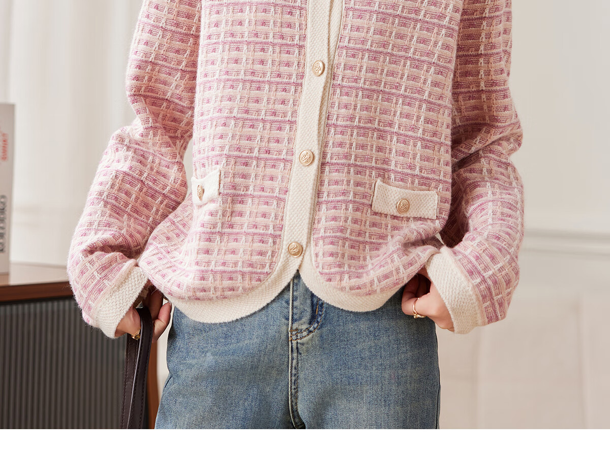 PinCai Women's Loose Plaid Jacquard Knit Cardigan Elegant Youthful Knit Jacket P143Z1001 11