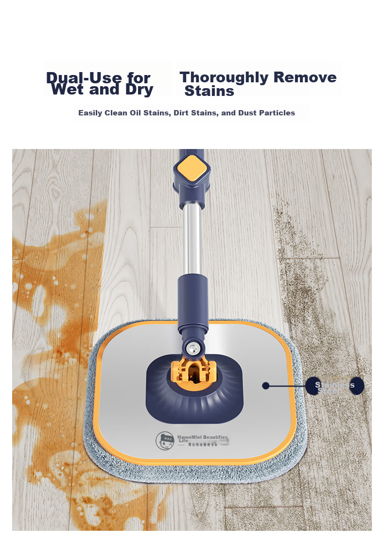 HoMettler Clean And Dirty Separation Rotating Mop, 3 Cloths, 135cm Handle Length, Household All-In No Hand Washing Mop, Flat Lazy Person Mop 13