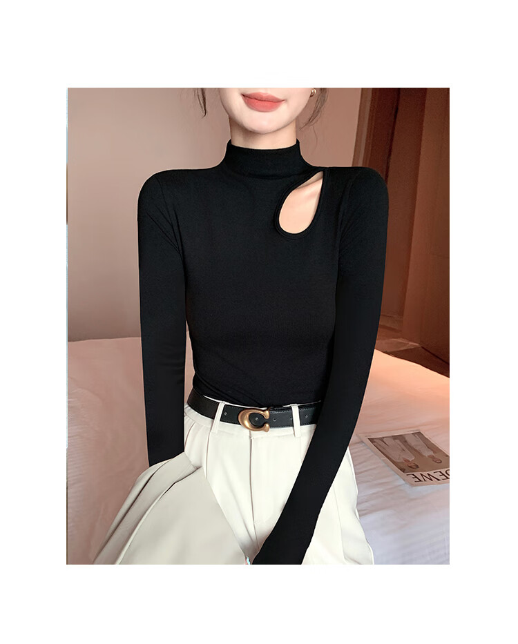 Woodpecker Women's Half Turtleneck Hollow Long Sleeve Autumn Slim Ribbed T-Shirt White S 4