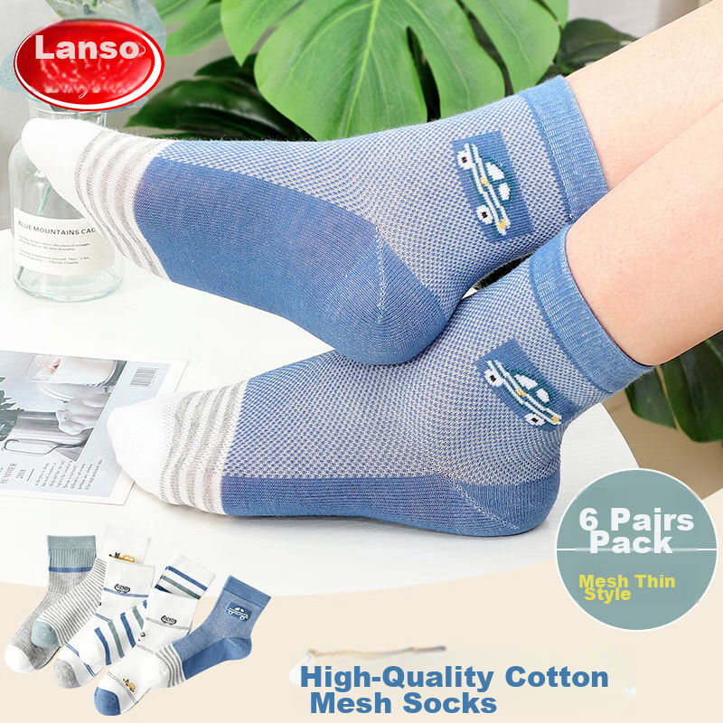 LangSha Children's Socks, Boys' Mesh Thin Cotton Socks for Spring And Summer, Breathable Casual Sports Mid-Calf Short Socks for Older Kids, 6 Pairs