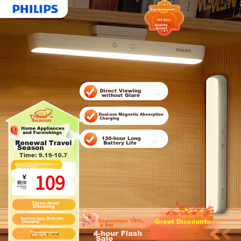 PHILIPS Eye Protection Study Desk Lamp for College Students' Dormitory, Bedside Lamp, Rechargeable Portable Magnetic Cool Guy Lamp