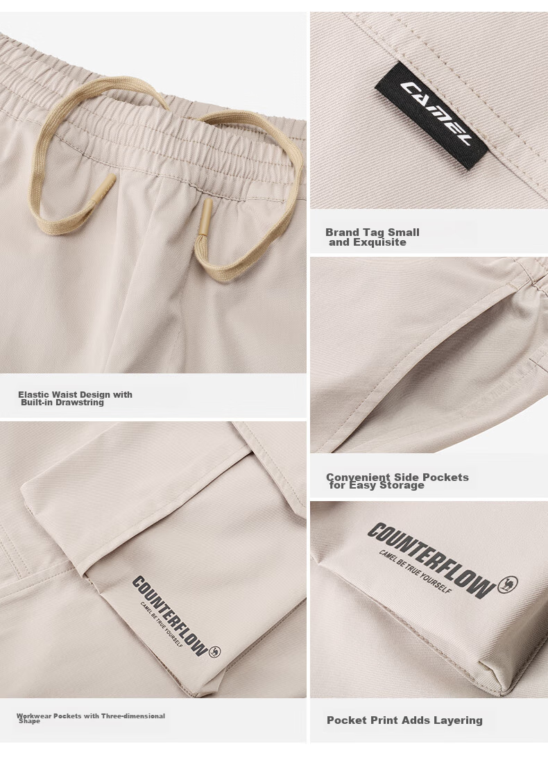 CAMEL Casual Pants for Men, Cargo Pants, Outdoor Water-Repellent, Loose-Fit Wide-Leg Straight-Waist Woven New Sports Trousers 35