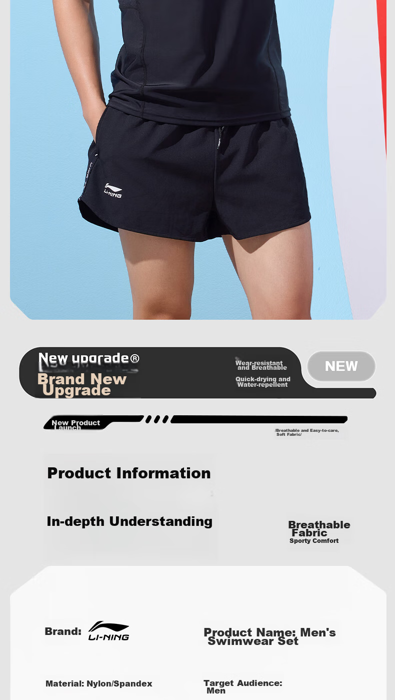 Li-Ning Men's Swim Trunks, Double-Layer Anti-Embarrassment Swimwear Set, Comfortable High-Elasticity, Suitable for Both Water And Land Use, Two-Piece Set, 87-33 Black XXL 10