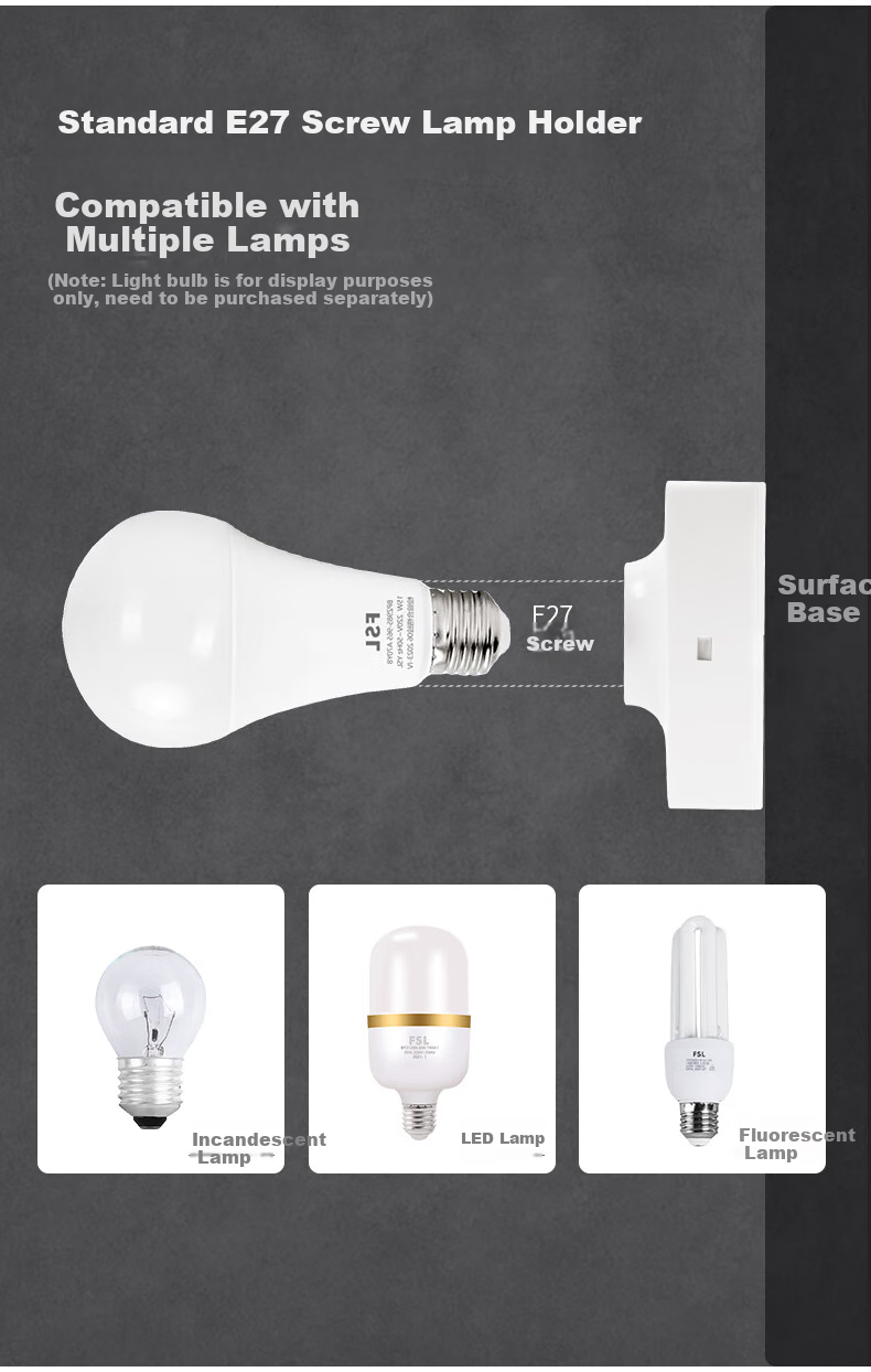 Foshan Lighting (FSL) LED E27 Screw Base Universal Square Lamp Holder, Factory Property Hallway Socket Wall Engineering Flat Lamp Head Flat Lamp Holder Surface-Mounted Lamp Socket Bulb Base, Two-Pack 3