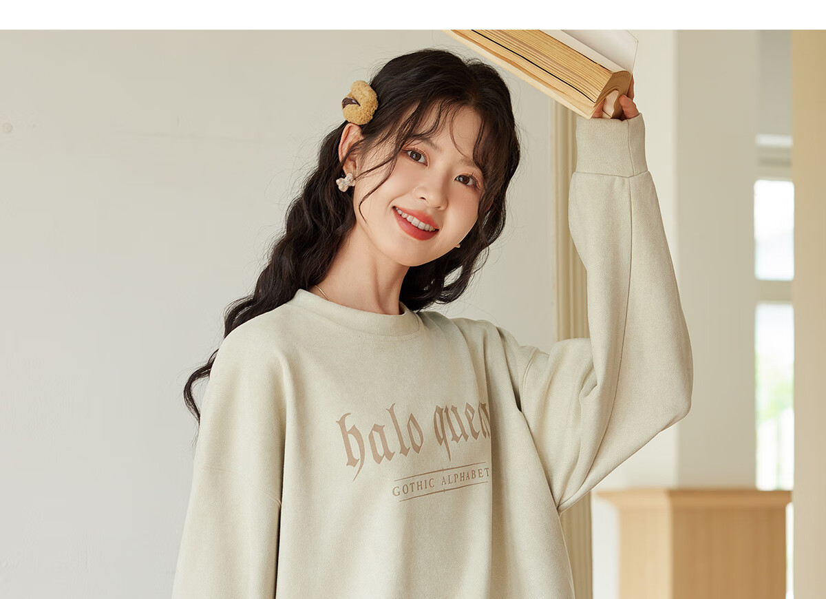 Halo Queen Women's Sweatshirt, Suede Fleece, Spring And Autumn Round Neck, Letter Print Pullover, Loose Fit Versatile Sweatshirt, New Product H143W1022 20