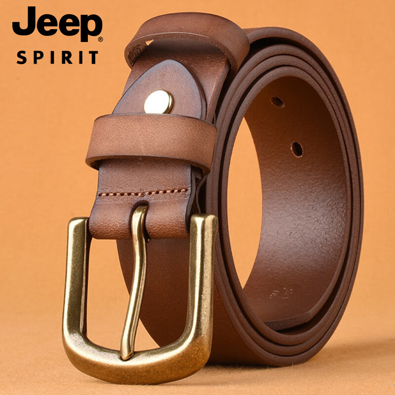 JEEP SPIRIT Men's Genuine Leather Belt with Pin Buckle, Business Style Vintage Belt, Birthday Gift Box for Boyfriend Or Husband