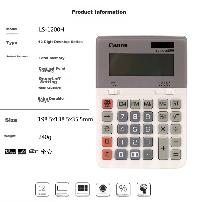 Canon WS-1200H, 12-Digit Large Business Office Calculator, Dual Power Supply, Wide Screen, Desktop Classic Calculator 3