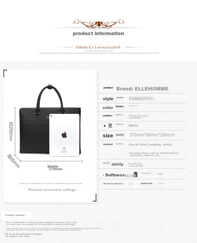ELLE HOMME Men's Business Briefcase, Handheld Work Bag Horizontal Style Top Layer Cowhide Laptop Bag Large Capacity Fashionable Men's Bag EA888200411 Black 7