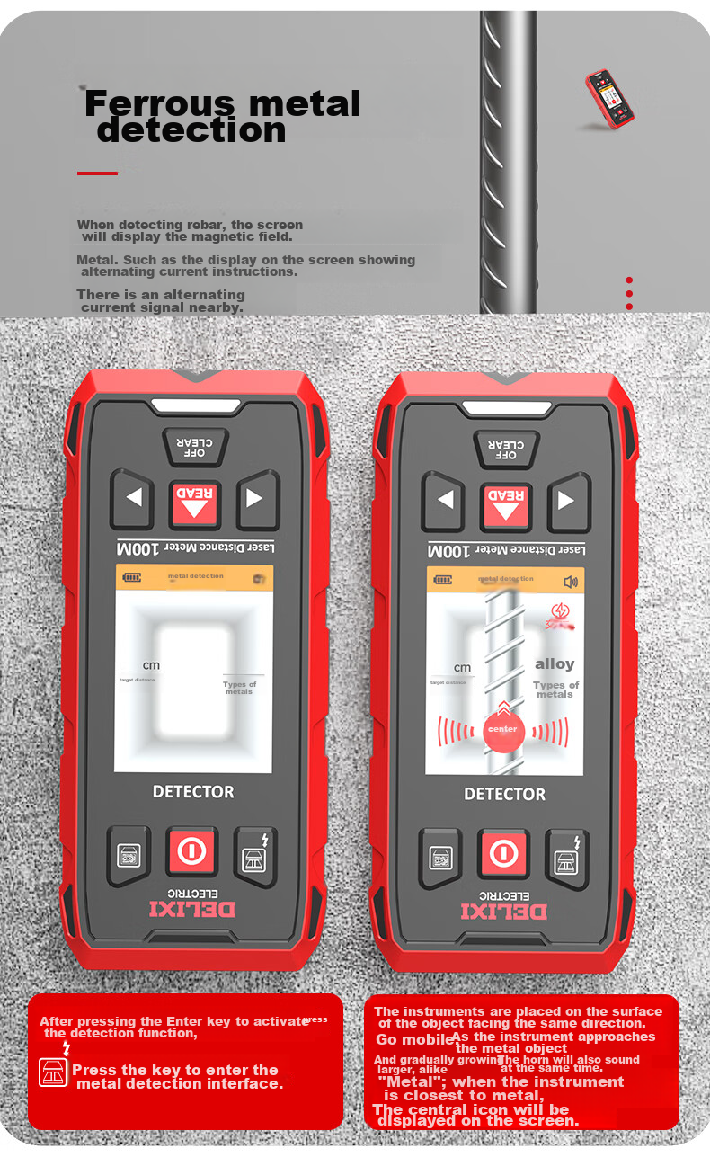 DELIXI ELECTRIC Multi-Function Wall Detector for Metal, Rebar, And Wood Detection with Red Light Ranging up to 100 Meters 7