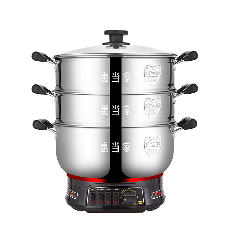 Hui Dang Jia Electric Steamer, Multifunctional Electric Hot Pot, Household All-In Cooker, Timer Electric Cooking Pot, Non-Coated Electric Wok, Versatile Electric Hot Pot, 304 Stainless Steel Pot G32-30 Double Layer