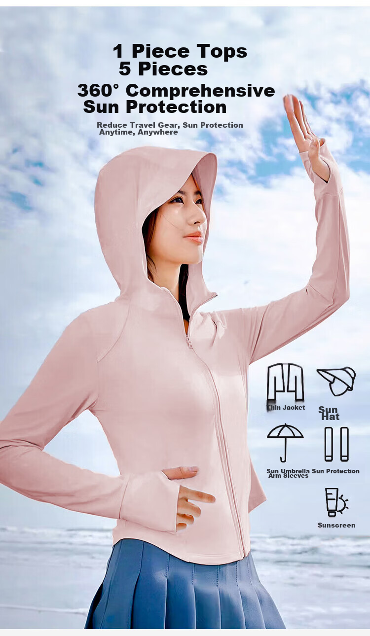 Ousen Sun Protection Clothing for Women, Spring And Summer Original Yarn Ice Silk Sun Protection Garment, Slim-Fit Outdoor Cycling Sun-Blocking Hooded Sun Protection Shirt, Skin Coat 7