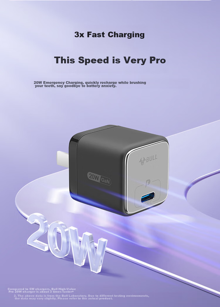 BULL GaN 20W Charger, Apple 18/17/16 PD Fast Charging Head, Auto Shut-Off When Fully Charged, Suitable for IPhone 14/13 Pro Max, [20W GaN] Pebble Gray 5