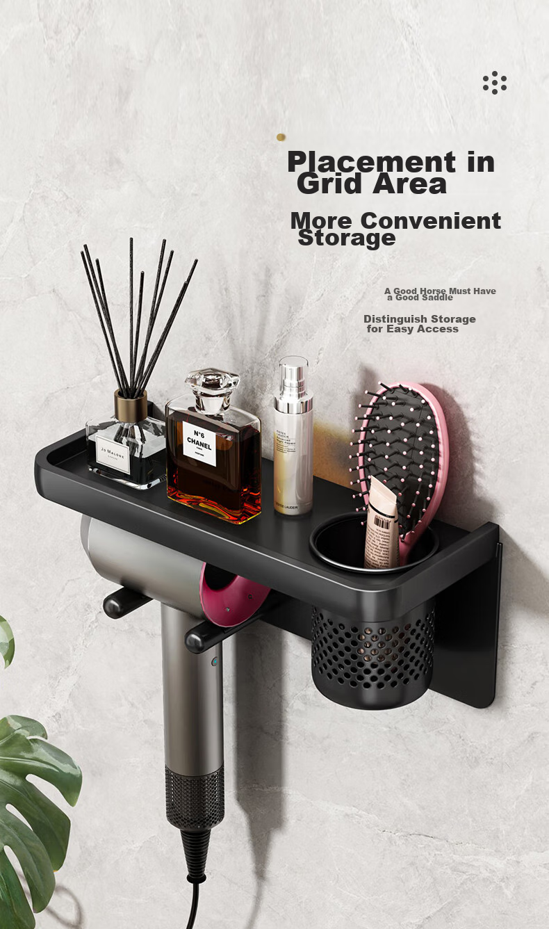 MUYA Hair Dryer Holder, No Drilling Required, Bathroom Aluminum Alloy Bracket with Hooks, for Dyson And Other Electric Hair Dryers 3