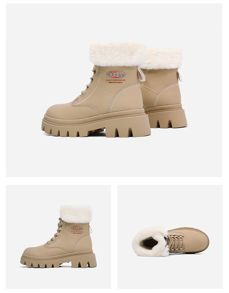Dickies Women's Snow Boots, Women's Boots, Fleece-Lined Martin Boots, Thickened Warm Cotton Boots, High-Top Casual Boots, Beige, Size 39 11