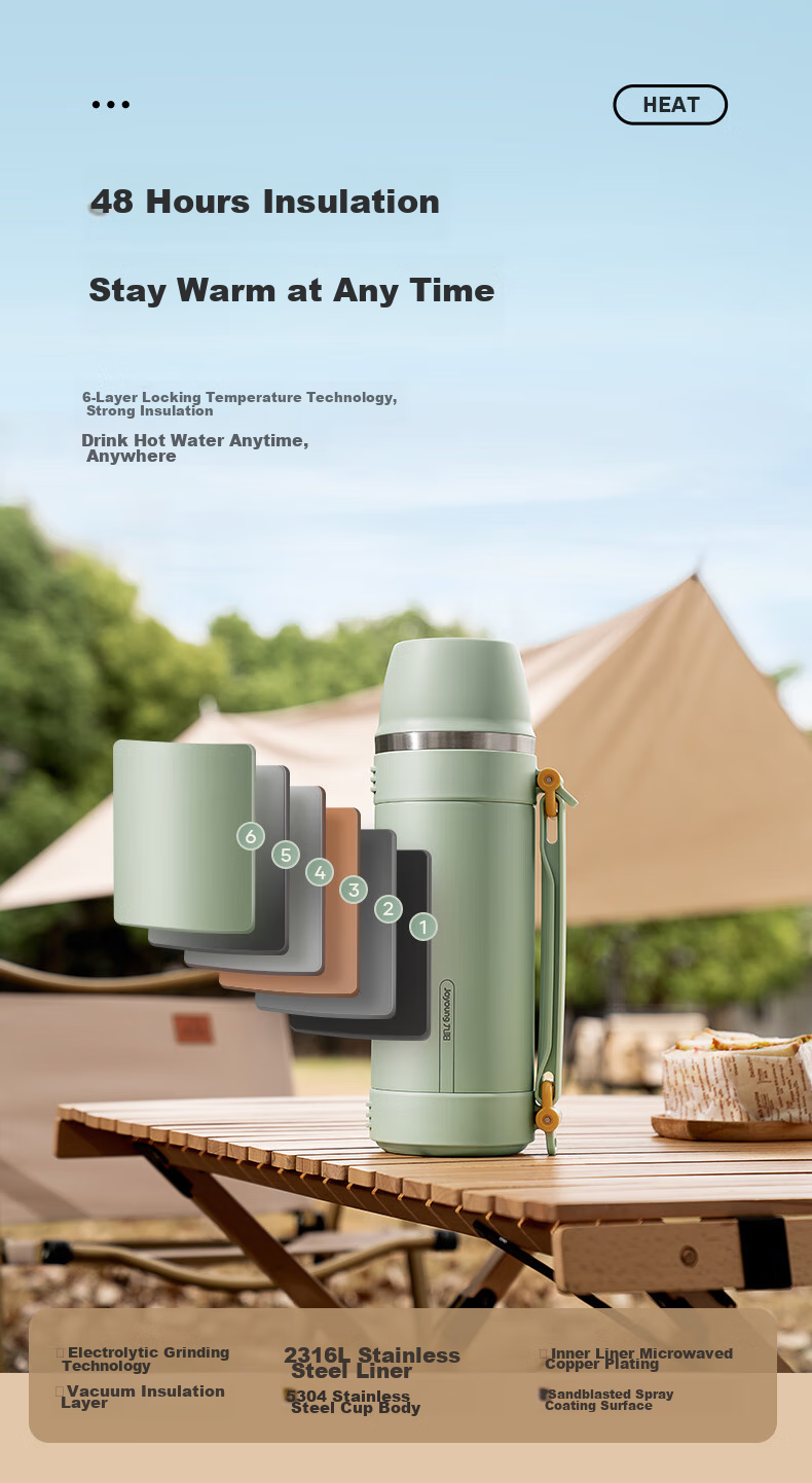 Joyoung Insulated Bottle, 316L Stainless Steel, Large Capacity Thermos, Hot Water Bottle, Carrying Handle And Shoulder Strap, Outdoor Travel Flask 8