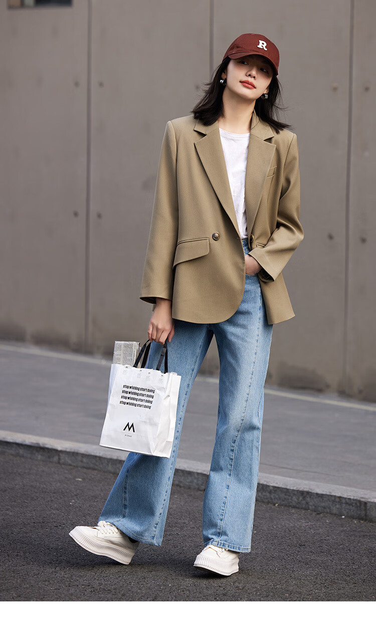 Dme [Turn-Down Collar Blazer] Spring Top, Curved Hem, Loose Suit Jacket for Women, Khaki, Size S 12