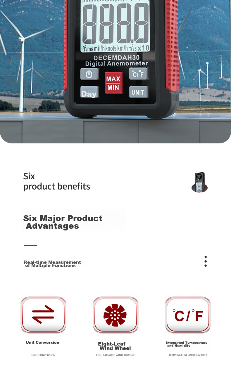 DELIXI ELECTRIC Anemometer, High-Precision Portable Wind Speed/temperature/volume Meter, Digital Anemometer DECEMDAH30 3