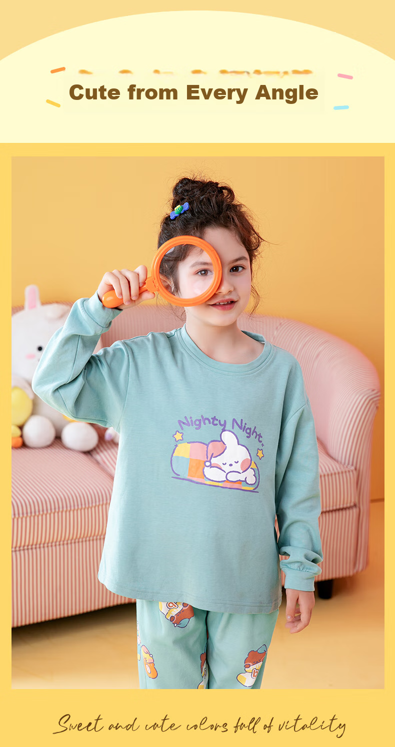 Fenteng Children's Pajamas, Girls' Brown Bear And Cony Rabbit Co-Branded Pure Cotton Sleepwear for Older Childre 33