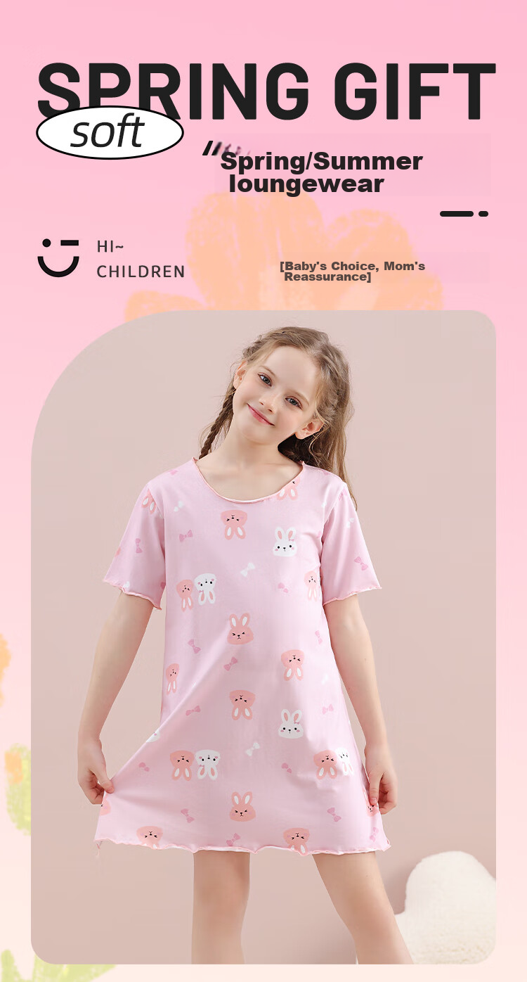 LangSha Children's Pajamas, Girls' Nightgown, Summer Thin Style, Cute Little Rabbit Pajamas, for Older Children's Loungewear Dress, Pink, Size 160 1