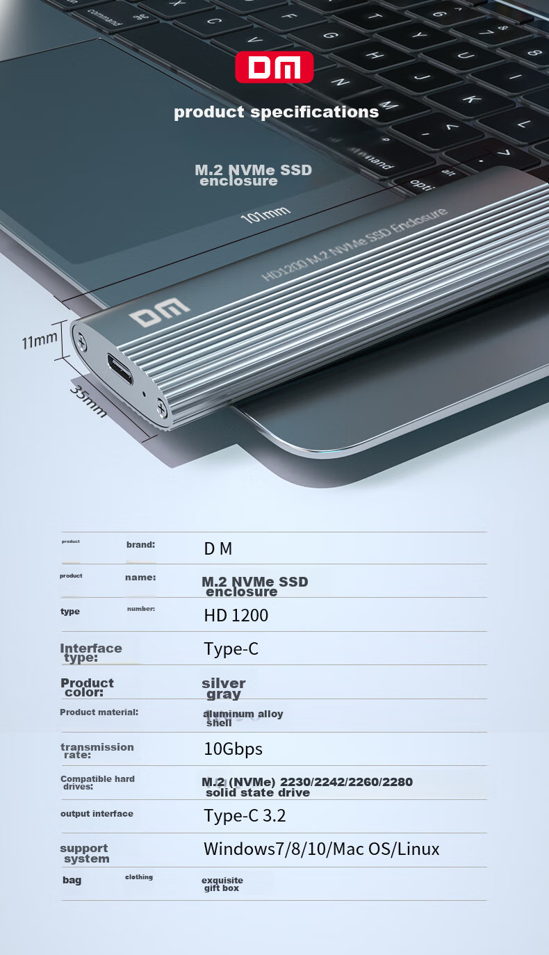 DM Damai M.2 NVMe SSD Enclosure Type-C 3.2 Portable Hard Drive Case for Laptop iPhone 17 External SSD HD1500C 8