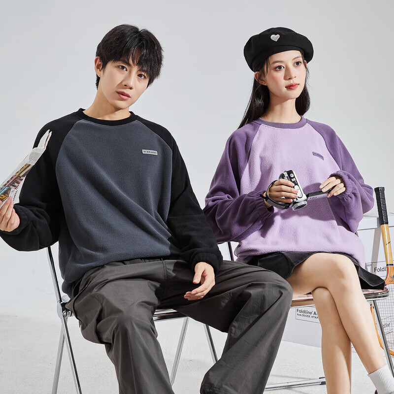 TonLion 2023 Couple's Matching Round Neck Raglan Sleeve Fleece Sweatshirt, Men's Style/black, S