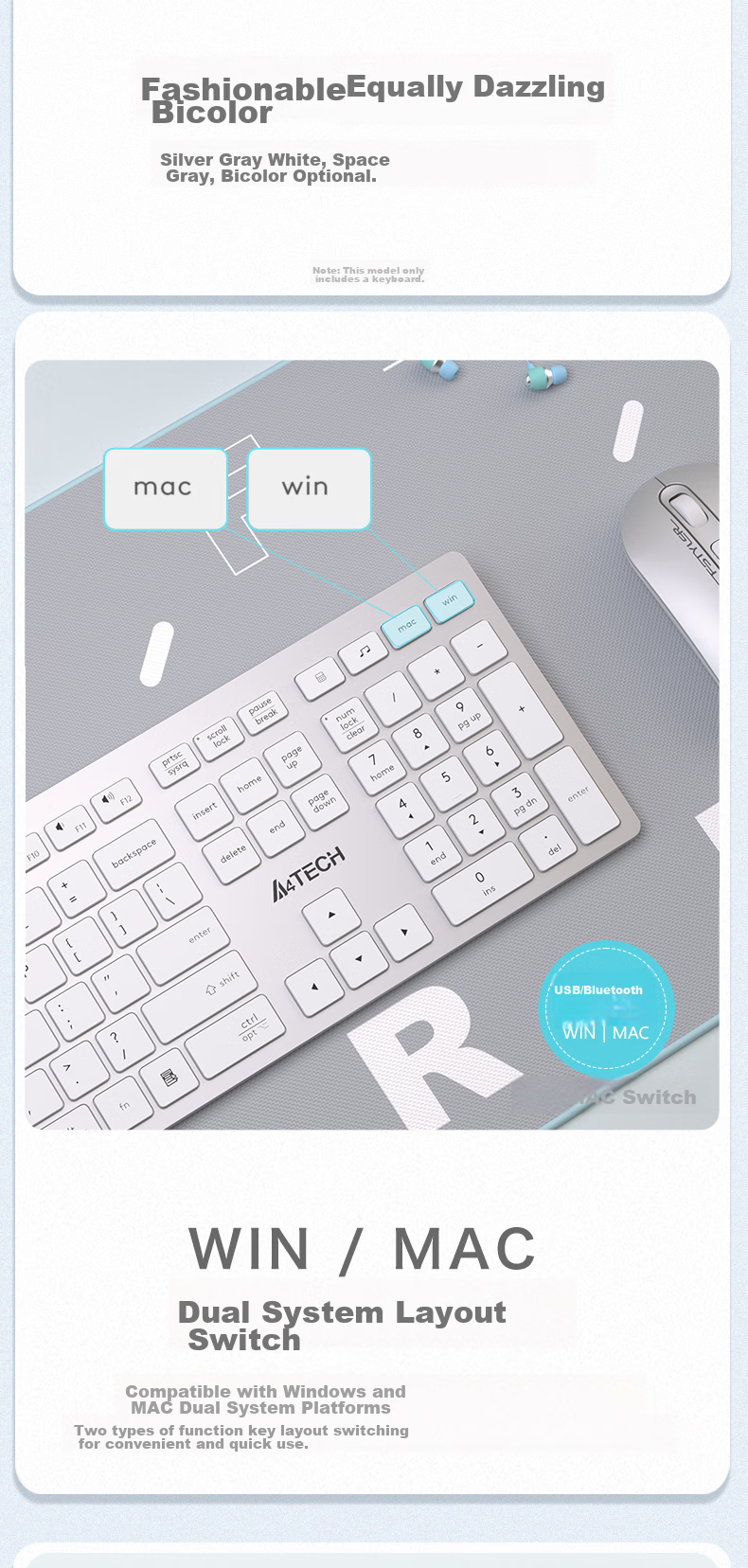 A4TECH FX50, 109-Key Wired Keyboard, Thin Film Quiet Keyboard, Computer Keyboard, Mac Keyboard, Office Typing, Good Hand Feel, Fei Shidai, Scissor Foot Keyboard, Ivory White, Wired 4