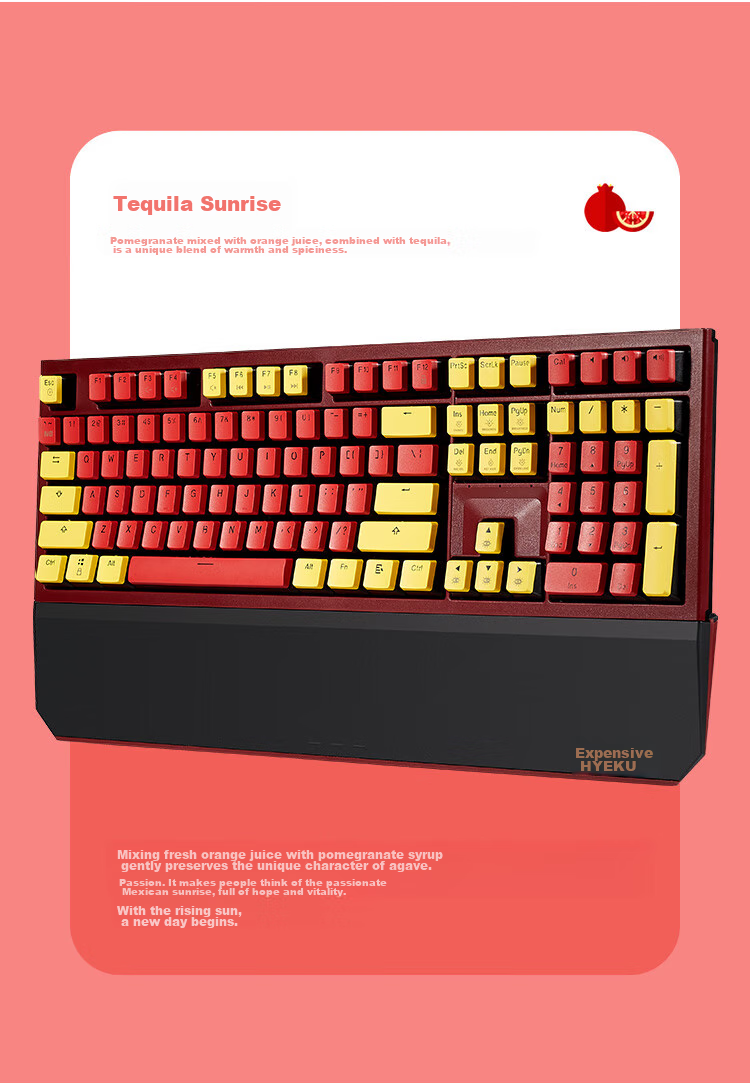 Hyeku X5 Wired/wireless 2.4G Dual-Mode Mechanical Keyboard with 108 Keys, PBT Keycaps, Tequila Sunrise Color, Kehua BOX Sky Blue Switches, with Clip And Wrist Rest 4
