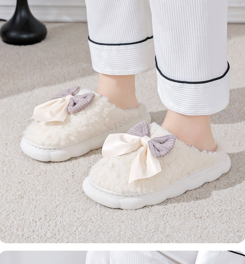 Huameijianbu Butterfly Bow Women's Cute Warm Thick-Soled Home And Outdoor Cotton Slippers HM298 White Size 40-41 25