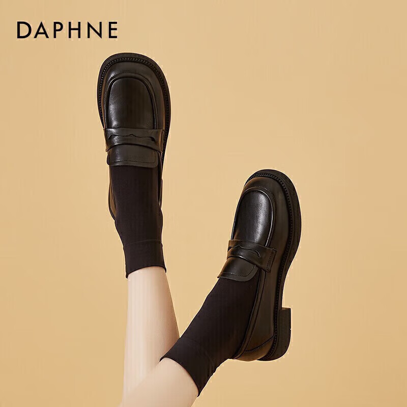 DAPHNE Women's Flats, New Versatile Leather Shoes, Slip-On Loafers, Black, Size 35