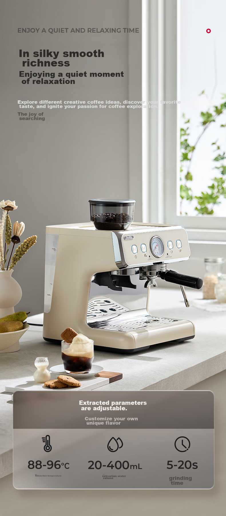 Barsetto [Mid-Autumn Festival Gift] Coffee Machine for Home And Office, Small Semi-Automatic Italian Grinding All-In Steam Milk Frother with Dual Pumps And Dual Heating, Bean Grinder BAE01 Black 16