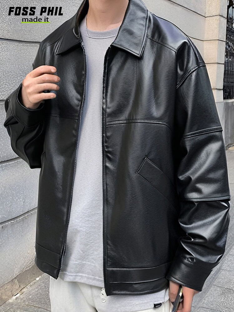 Foss Phil Men's Leather Jacket, Spring And Autumn Fashion Motorcycle Style, Korean Version Loose Casual Leather Coat, 6266 Black 3XL 5