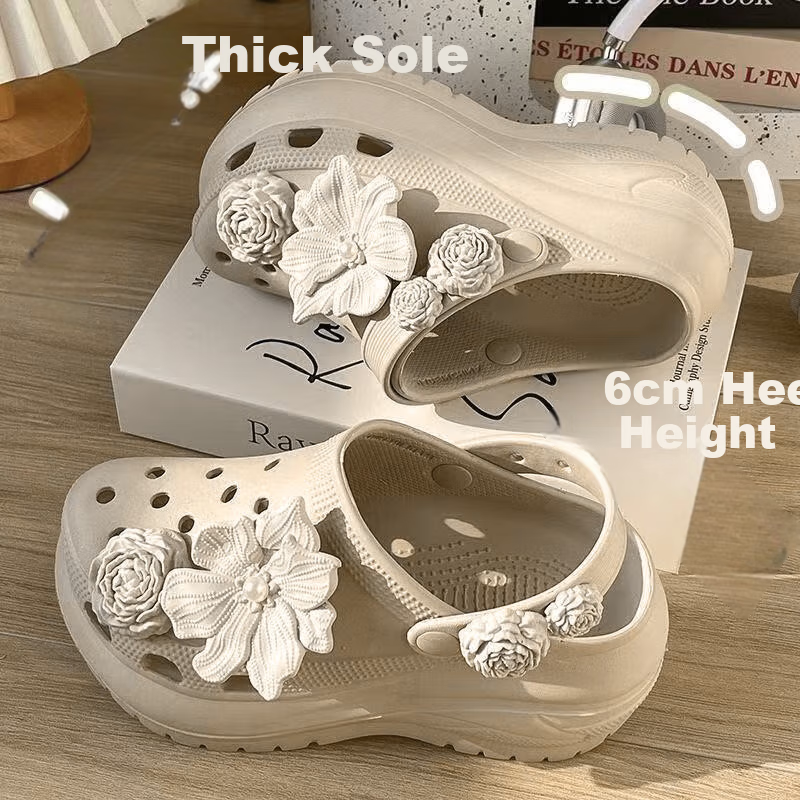 Qisefang Women's Perforated Shoes, Puff Flower DIY Summer Beach Slimming Thick-Soled Heightening Platform Sandals, Card 39-40 2