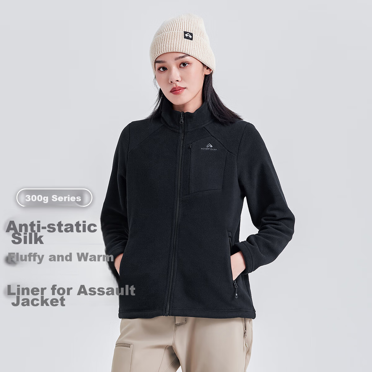 Pioneer Camp Outdoor Stand-Collar Fleece Jacket for Women, Autumn And Winter Plush Lining Fleece Coat, Windproof Warm Cardigan Inner Layer