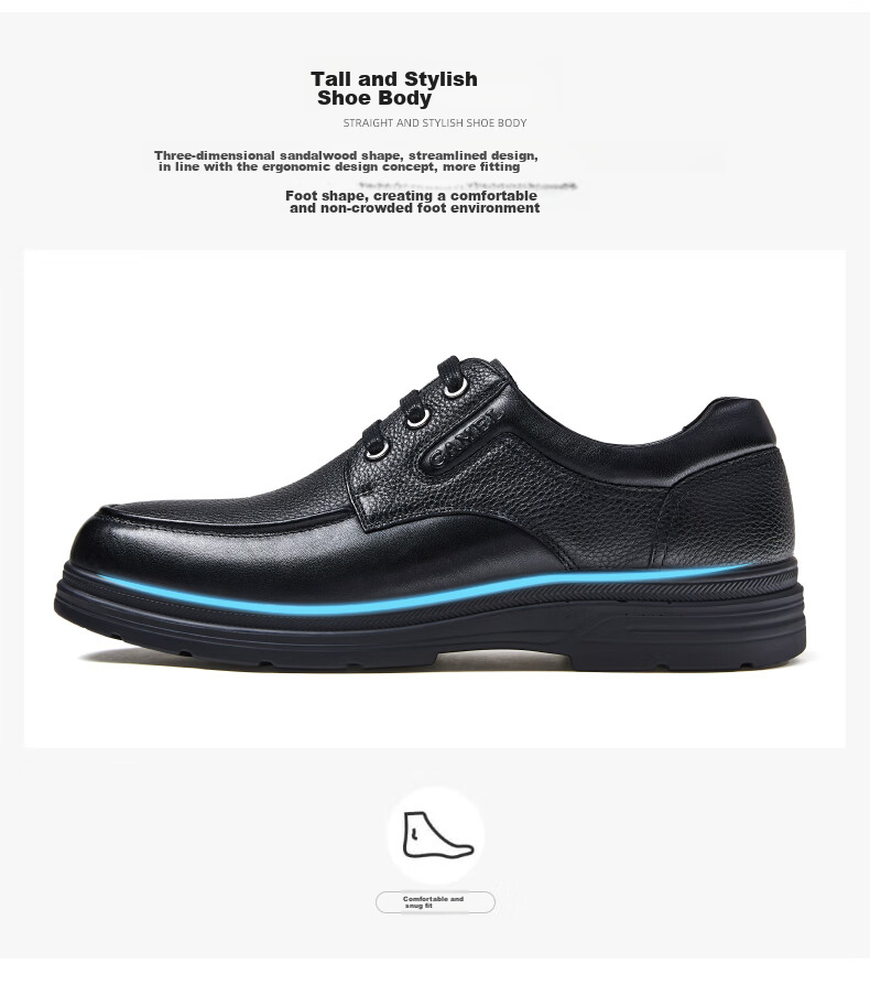 CAMEL Leather Lace-Up Middle-Aged Dad Shoes, Height-Increasing Classic Business Casual Leather Shoes for Men, G15A211067, Black, Size 38 8