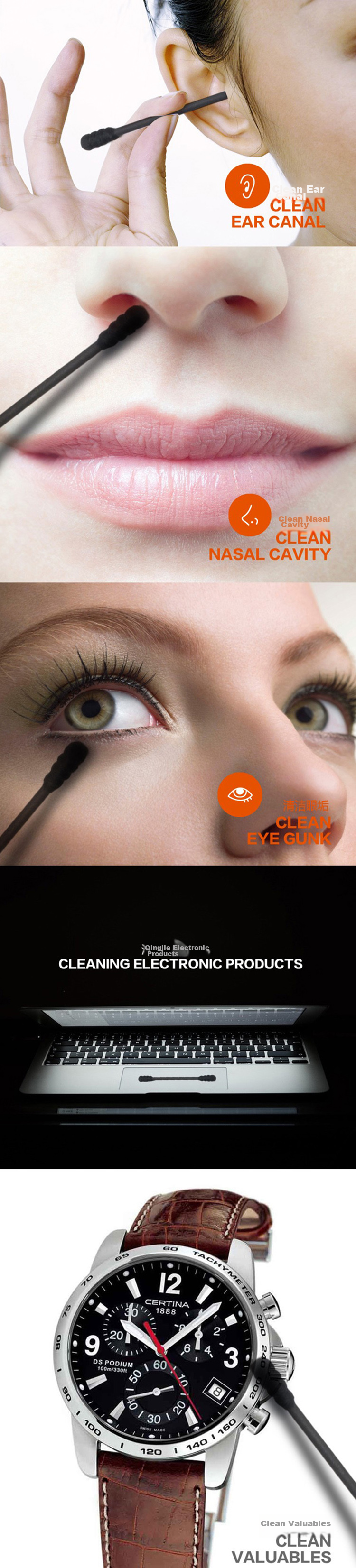 Xiaomama Black Double-Ended Spiral Ear Swabs, Ear Cleaning Cotton Buds, 200 Pieces 6