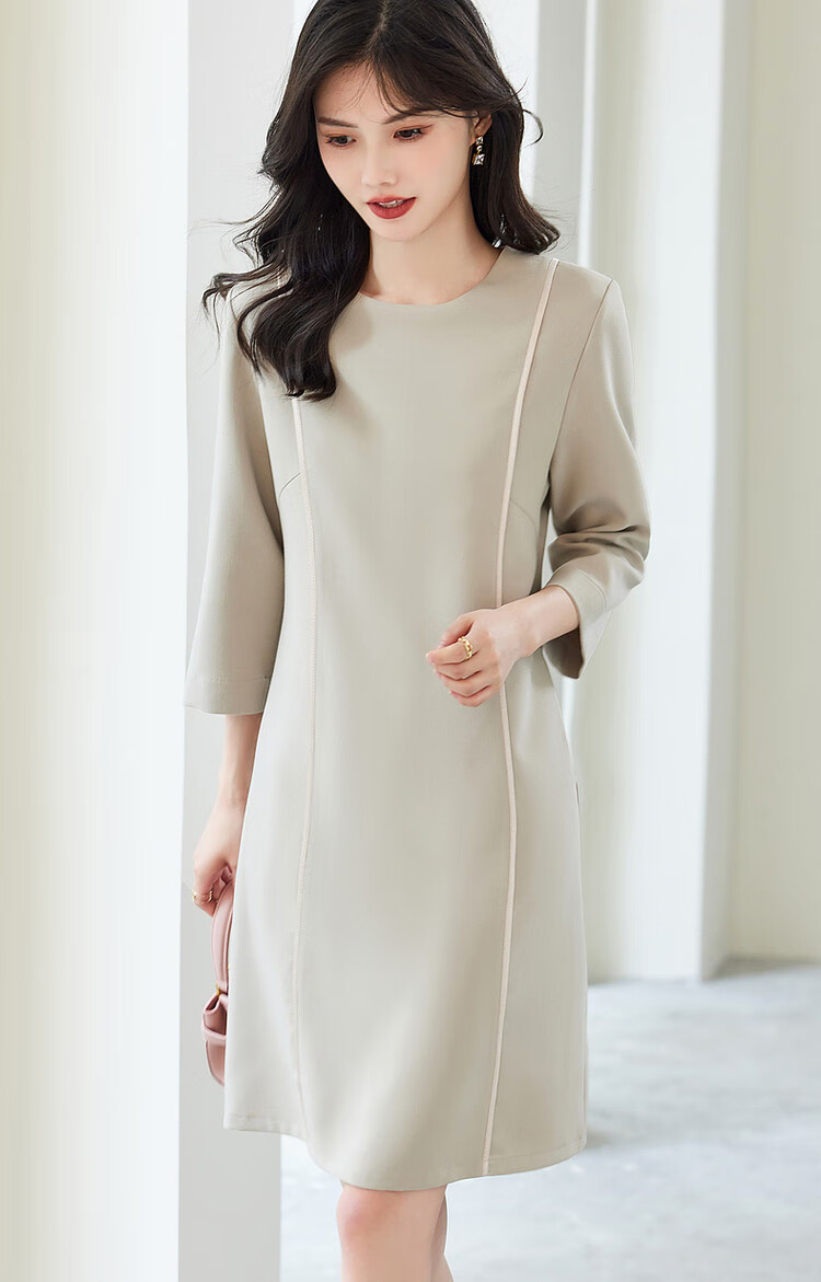 Dme [Modern Women] Spring And Autumn Commuter Round Neck Slim-Fit Three-Quarter Sleeve Elegant Midi Dress for Wome 20