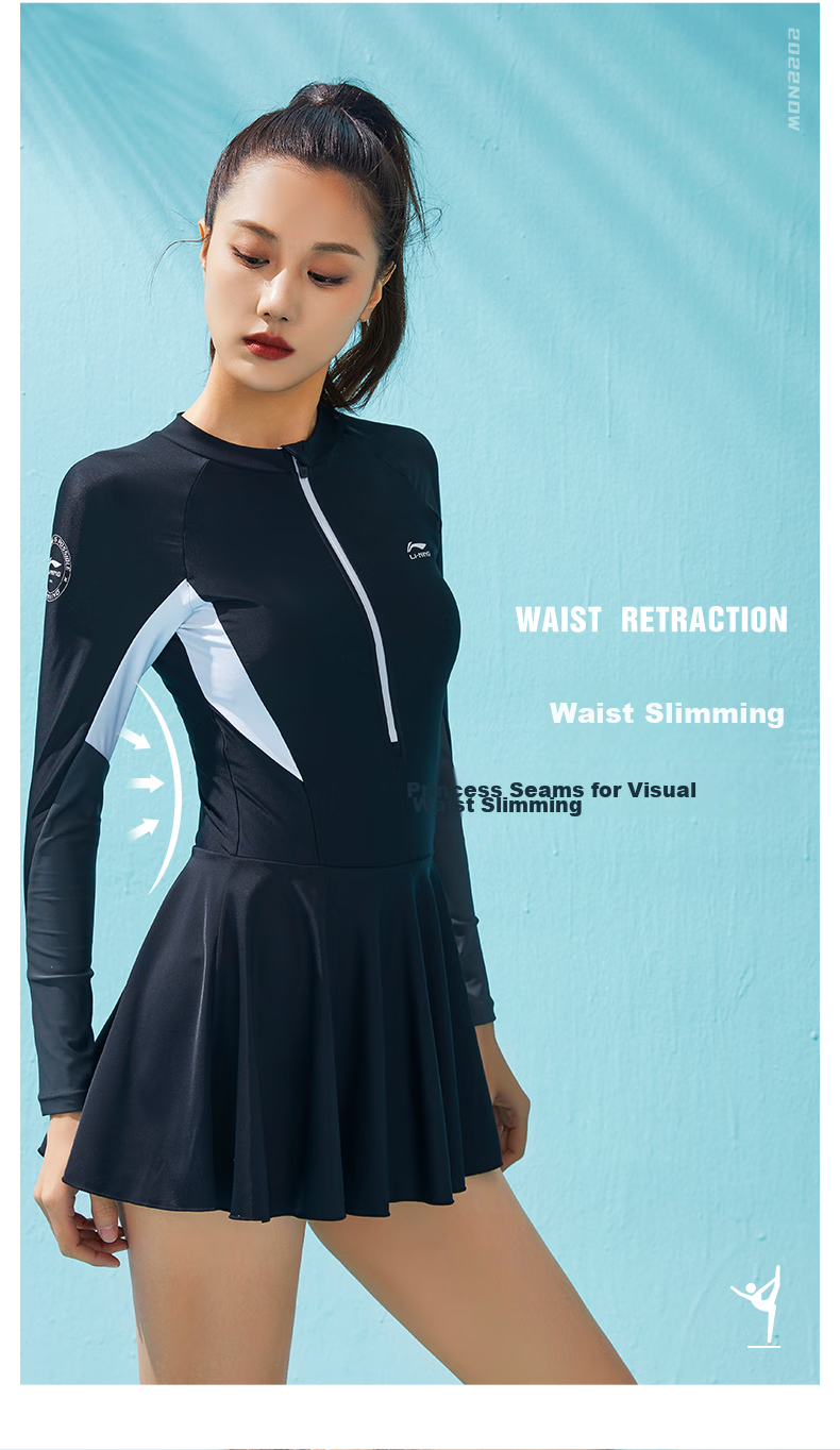 Li-Ning One-Piece Swimsuit for Women, Dress-Style with Color Block Design, Slimming Conservative Swimwear 087, Black And Gray, XXL 4