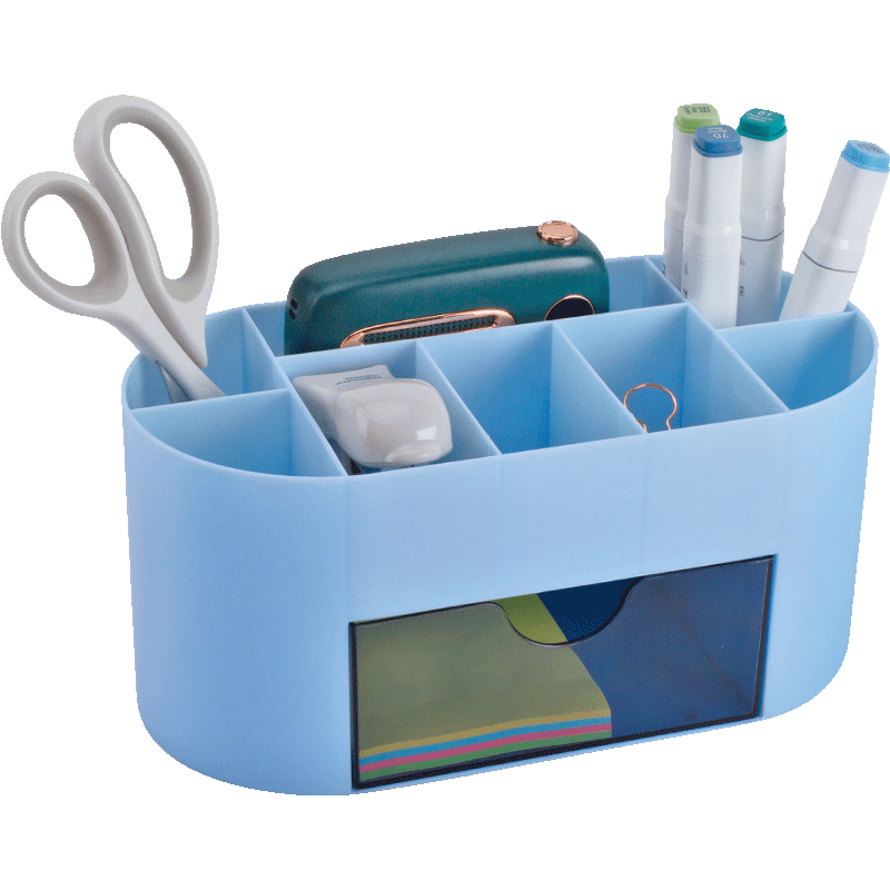 Jindeli 9-Compartment Desktop Pen Holder Storage Box, Multifunctional High-Quality Light Luxury Drawer, Office Desk Stationery Dormitory Office Supplies Organizer, Large Capacity Blue SN141