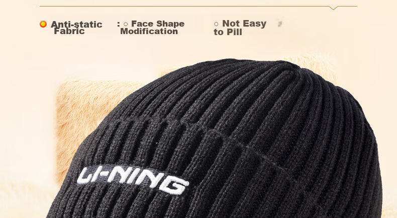 Li-Ning Hat for Men And Women, Autumn And Winter Knitted Cap, Warm Cold Hat, Sports Running Cycling Skiing Fleece-Lined Large Head Circumference Black 2