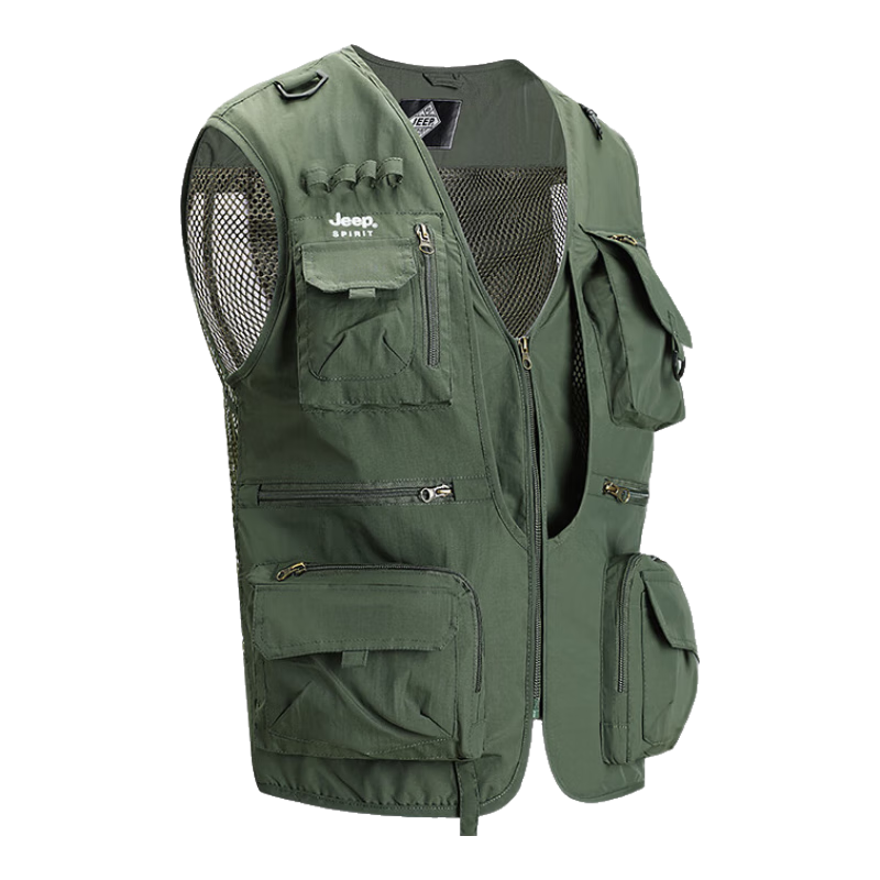 JEEP SPIRIT Men's Vest, Spring And Autumn Outdoor Fishing Multi-Pocket Sleeveless Jacket, Military Green, 2XL