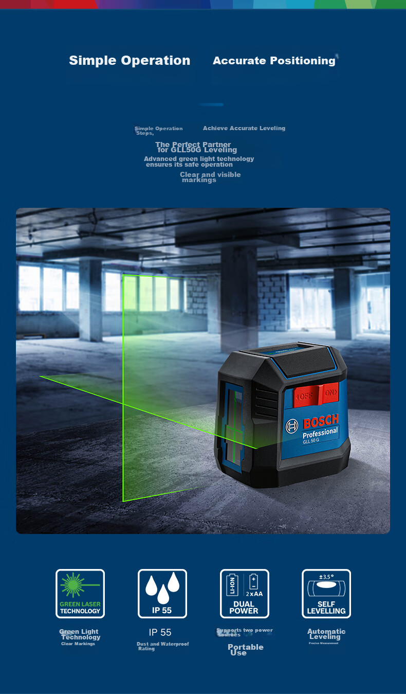BOSCH High-Precision Green Light 5-Line Leveling Instrument, Laser Level Ruler, Electronic Ruler, GLL 50-15 XG 3
