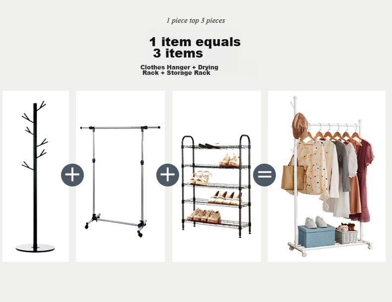 Yicainianhua Floor-Standing Clothes Drying Rack, Indoor Bedroom Simple Drying Pole, Coat And Hat Stand, Thickened Steel Pipe Drying Rack, 2166 4