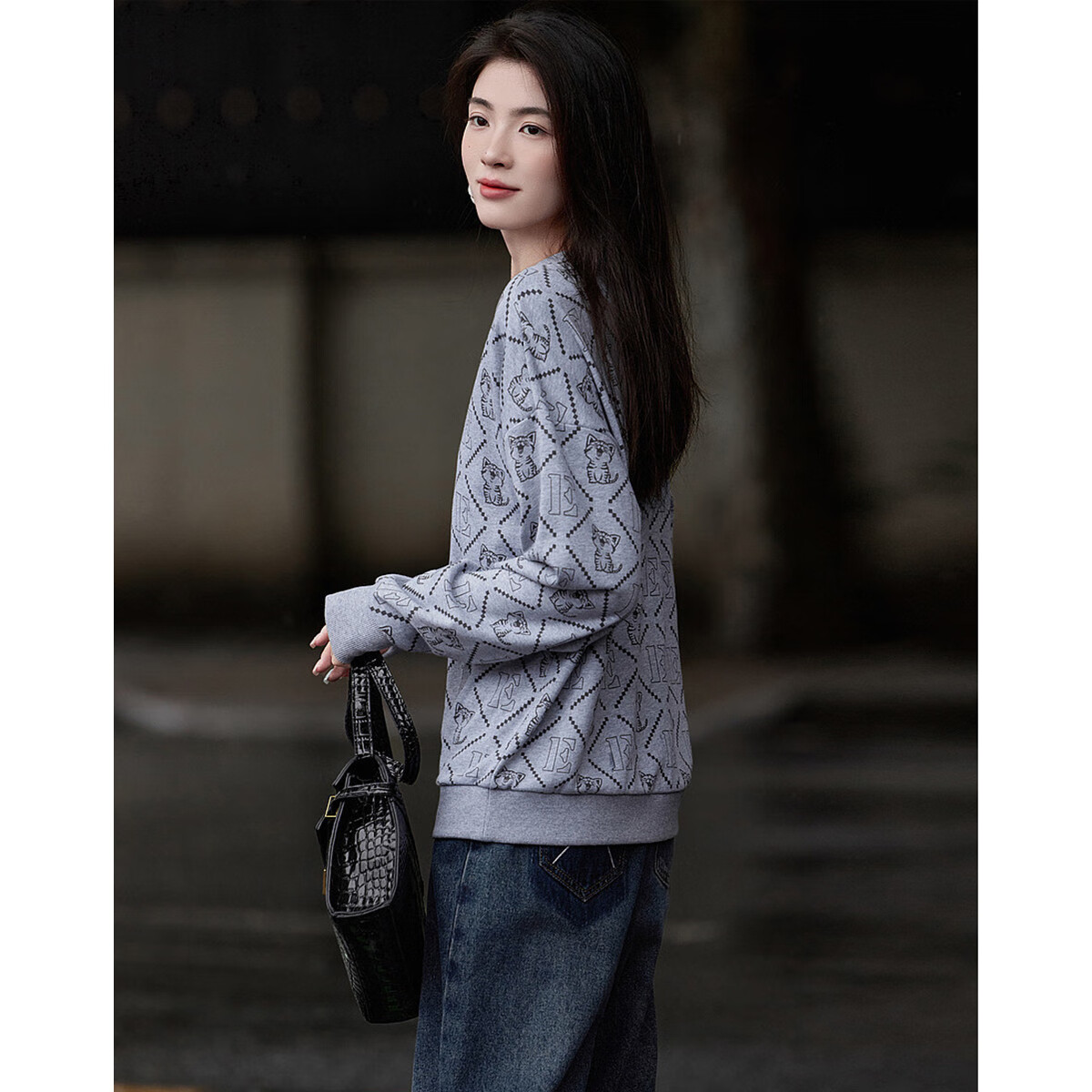 Dme [Cotton Printed Sweatshirt], Spring And Autumn Round Neck Loose Drop Shoulder Long Sleeve Slightly Stretchy Sweatshirt for Women, Linen Gray, S