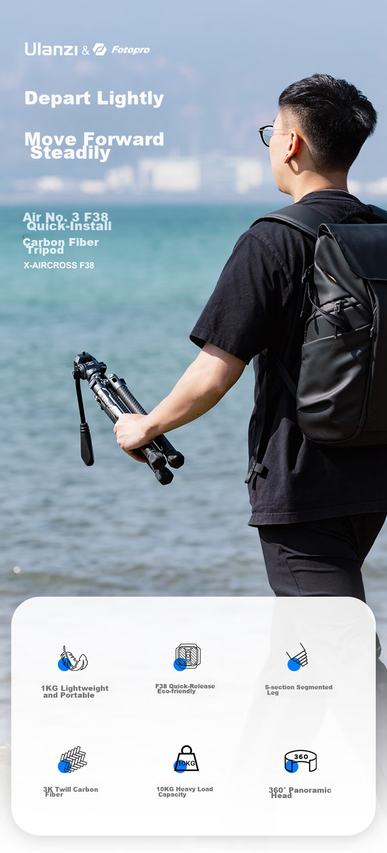 Ulanzi F38 Carbon Fiber Tripod, Air Three Air Hydraulic Pan Head, Portable Outdoor Quick-Release Quick-Install Digital Camera Photography Tripod 1