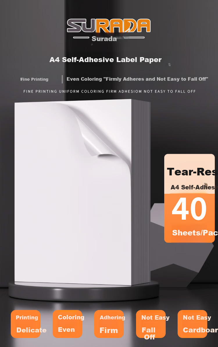 Surada A4/40 Sheets PP Synthetic Paper Sticker, Matte Waterproof Self-Adhesive Printing Paper, Tear-Resistant PP Paper, Compatible with Laser Printers BQ-0017 1