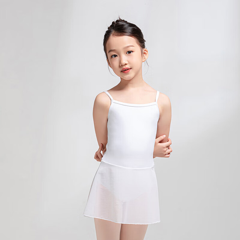 Sansha Children's Spaghetti Strap Dance Leotard for Girls, Ballet Practice Outfit, One-Piece Dress with Skirt, Training Wear, White, Size M