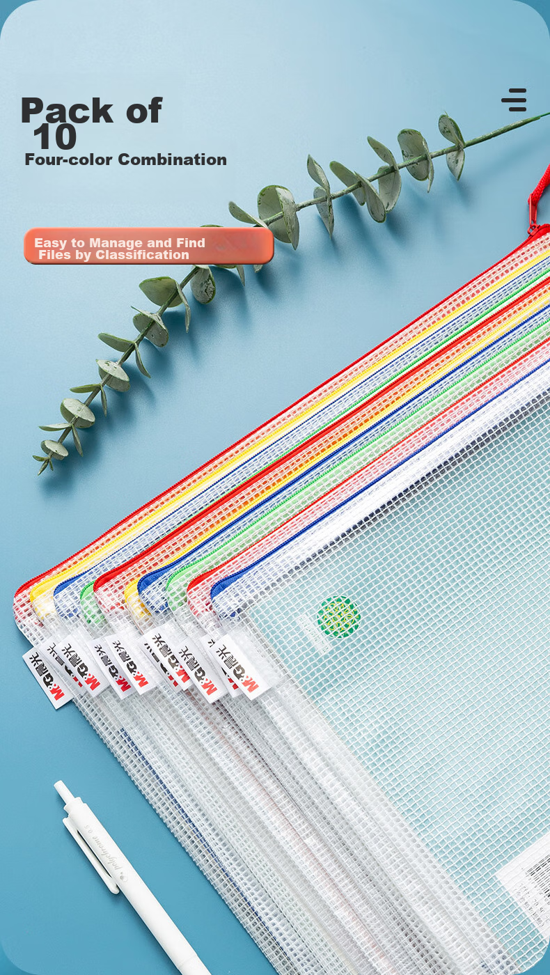 M&G [Super Popular] Stationery, 10-Pack A4 Grid Zipper Pouches, Soft Student Subject Classification File Folders, Exam Paper Storage, Office And Study Supplies, ADM945M7 3