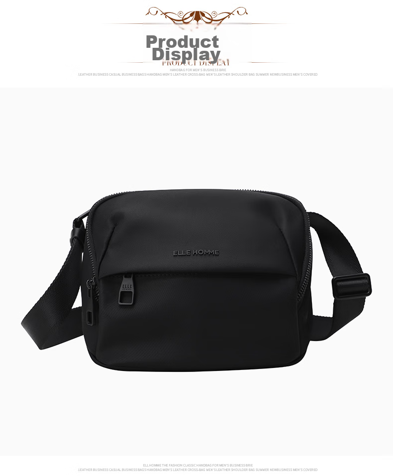 ELLE HOMME Men's Shoulder Bag, Trendy Lightweight Canvas Crossbody Bag, Water-Resistant Casual Phone Bag for Men, Travel Bag, Black 15